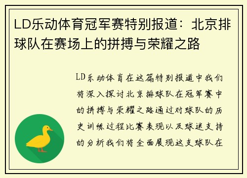 LD乐动体育冠军赛特别报道：北京排球队在赛场上的拼搏与荣耀之路