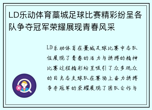 LD乐动体育藁城足球比赛精彩纷呈各队争夺冠军荣耀展现青春风采