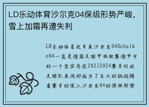 LD乐动体育沙尔克04保级形势严峻，雪上加霜再遭失利