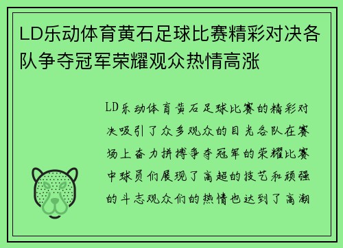 LD乐动体育黄石足球比赛精彩对决各队争夺冠军荣耀观众热情高涨